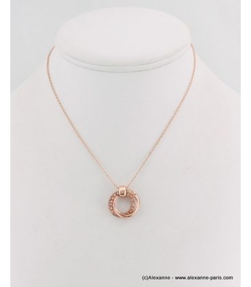 Collier pendentif cercles métal et strass rose doré