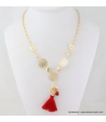 Collier coeur et rosace en filigrane, strass, verre et pompon rouge