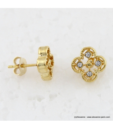 Boucles d'oreilles trèfles métal et strass doré