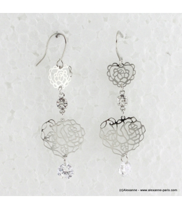 Boucles d'oreilles en coeur filigranées et métal argenté