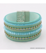 Bracelet Manchette aimanté en cuir synthétique, perle et strass bleu