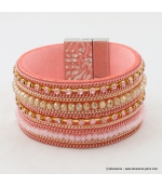 Bracelet Manchette aimanté en cuir synthétique, perle et strass
