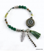 Bracelet Pompon Plume Ambre Vert