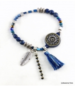 Bracelet Pompon Plume Ambre Bleu Foncé