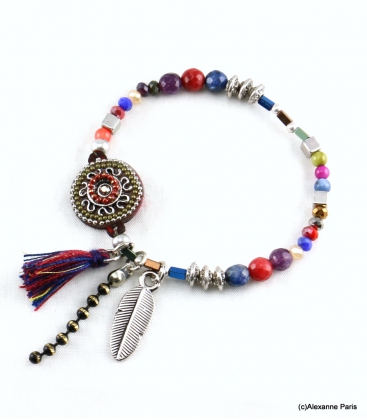 Bracelet Pompon Plume Ambre Multi Couleurs