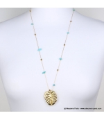 Sautoir pierres et feuille Monstera Lana turquoise