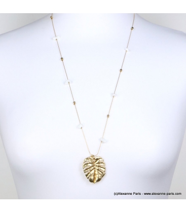 Sautoir pierres et feuille Monstera Lana blanc