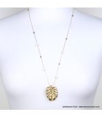 Sautoir pierres et feuille Monstera Lana blanc