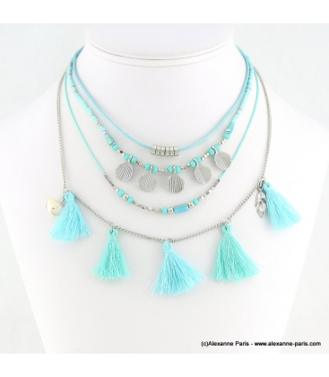 Collier multi-liens de rocailles, pompons et coquillage Eva