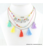Collier multi-liens de rocailles, pompons et coquillage Eva