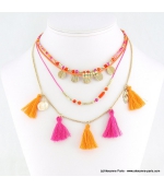 Collier multi-liens de rocailles, pompons et coquillage Eva