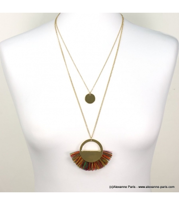 Sautoir double-rangs médaille et pompon Elisa multi
