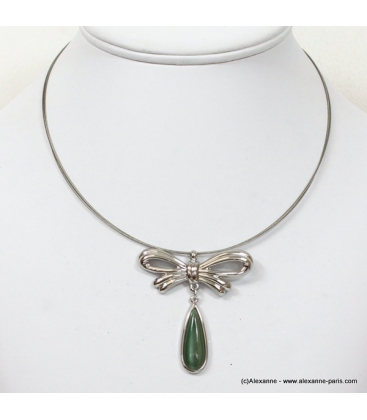 collier noeud papillon goutte "oeil de chat" vert