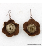 Boucles d'oreille Fleur cuir marron